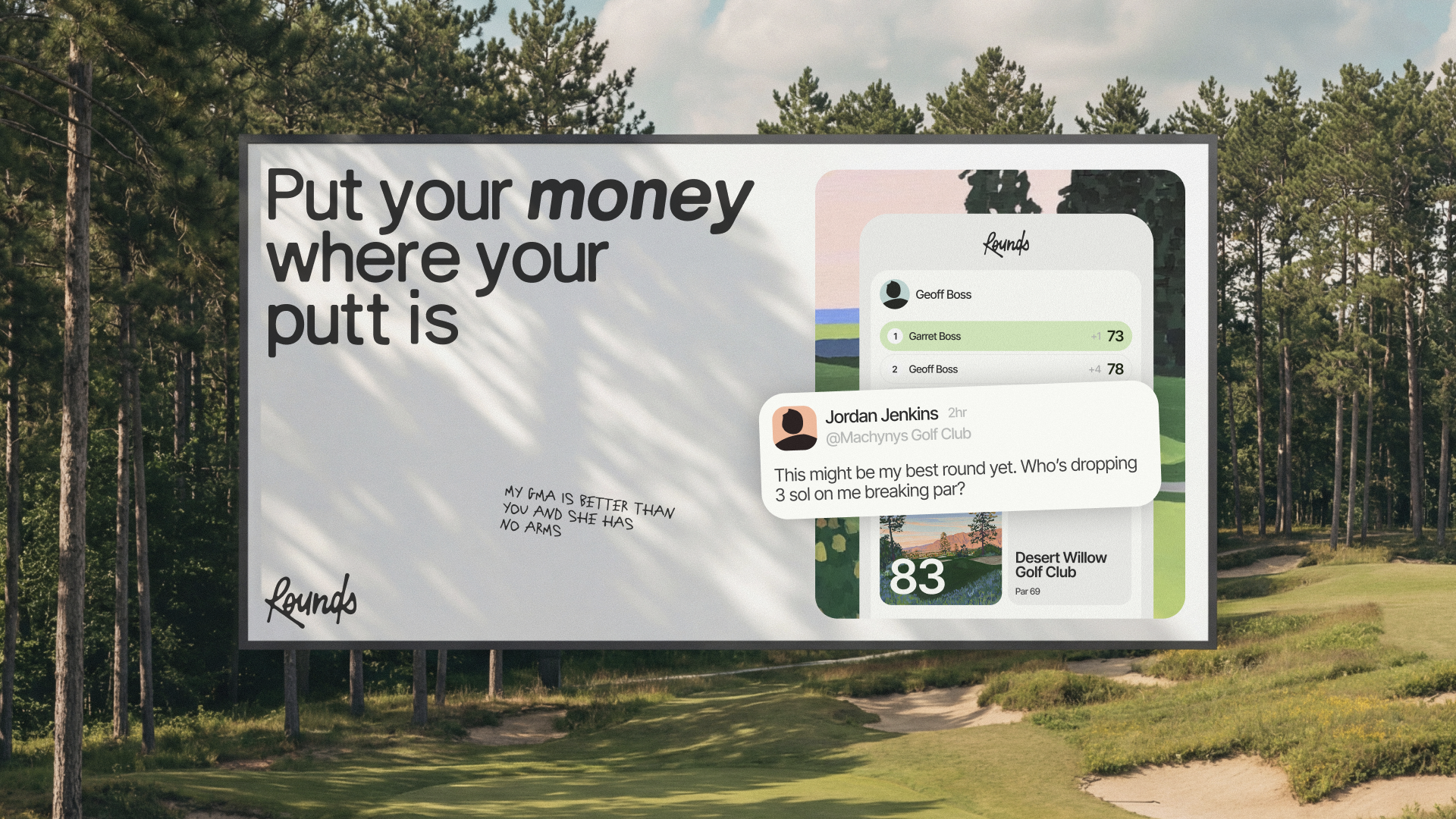 Rounds golf scorekeeping app billboard showing live round scoring and side bets