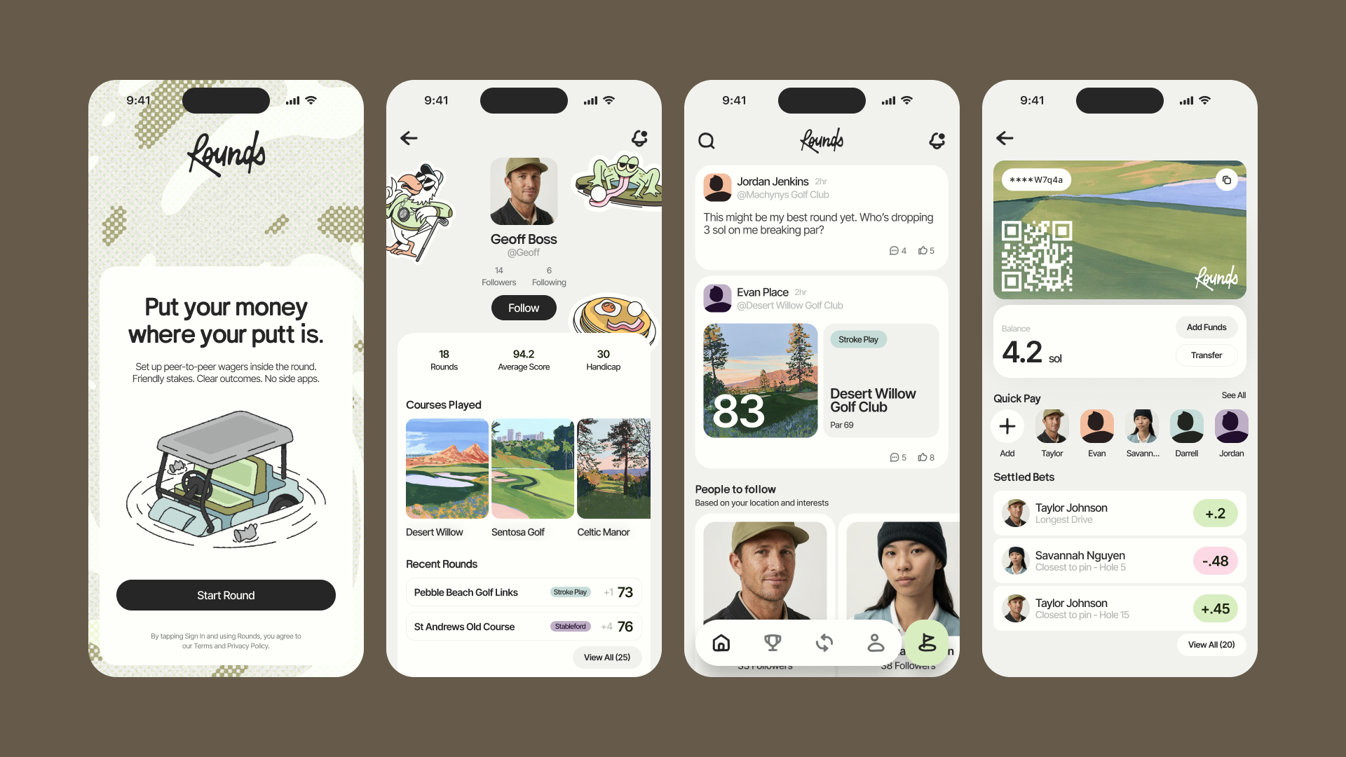 Rounds golf wagering app UI with live scorecard and in-app bet settlement